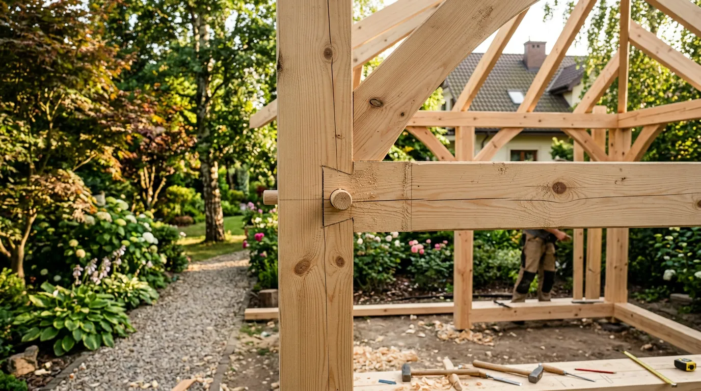 Altana ogrodowa w budowie z krawędziaków sosnowych