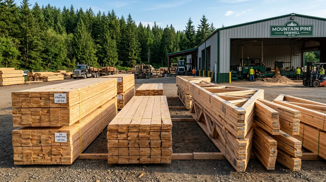 Drewno tartak – świeżo cięta tarcica budowlana ułożona na placu tartacznym