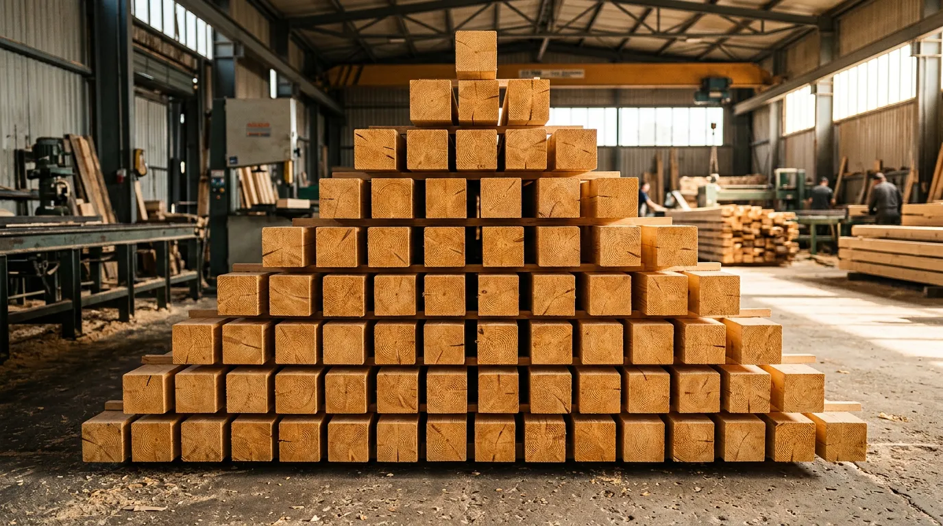 Krawędziaki sosnowe 100x100mm ułożone w hali tartaku w Siewierzu