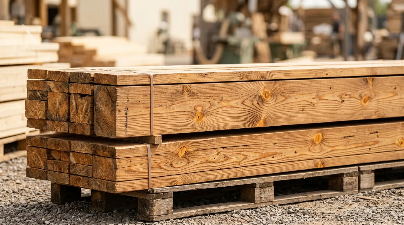 Tarcica budowlana z tartaku w Siewierzu — sosna obrzynana na paletach