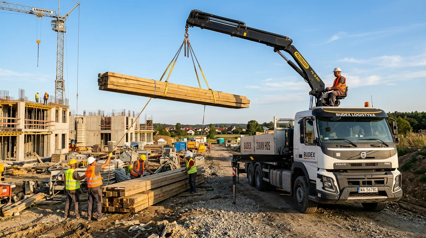 Samochód z żurawiem HDS rozładowuje drewno budowlane na budowie na Śląsku