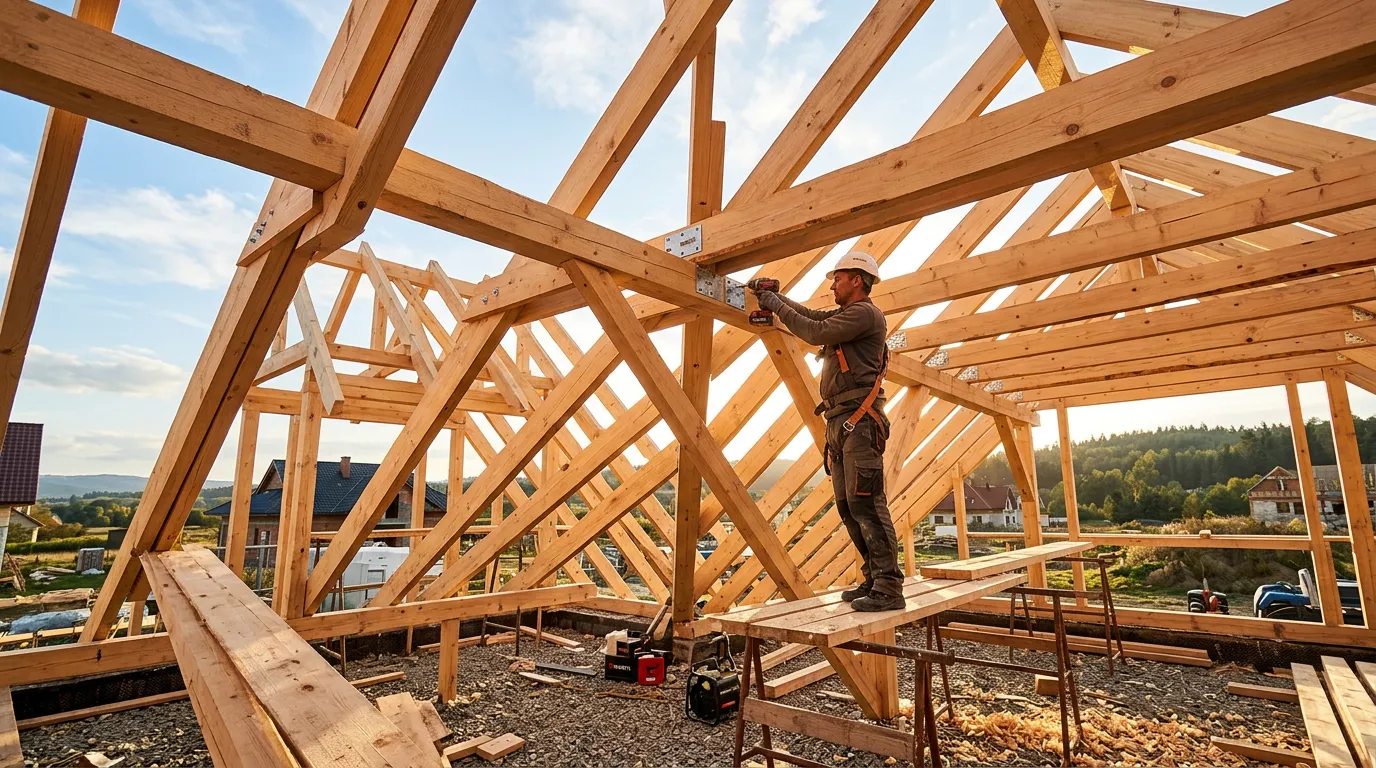 Więźba dachowa krokwiowa z drewna impregnowanego — montaż na budowie