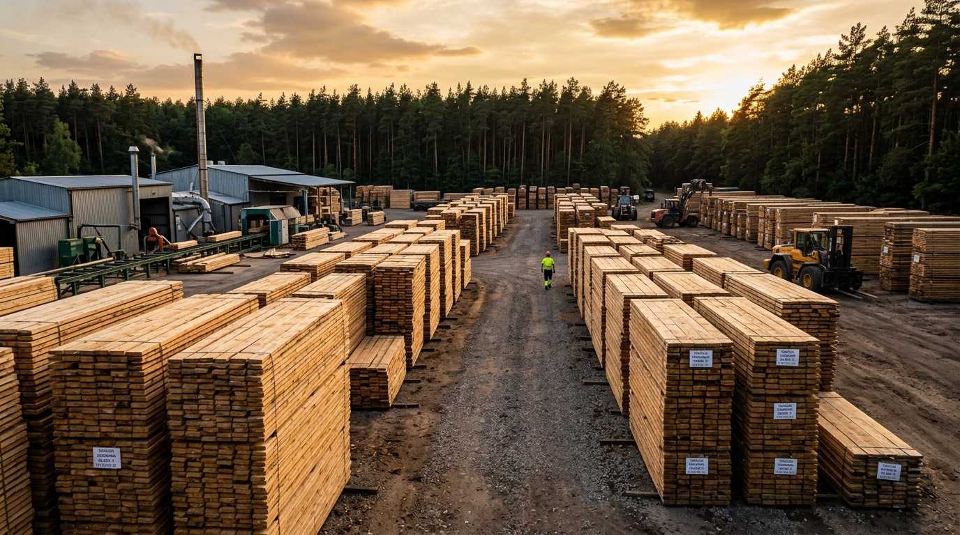 Tartak Zimny w Siewierzu — plac tartaczny z tarcicą budowlaną i lasem w tle